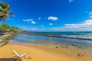 A beach with clear water, a palm tree, and a row of beach chairs. - Waipouli Beach Resort H201 - Presidential Suite Oceanfront Penthouse Luxury (Kapaa)