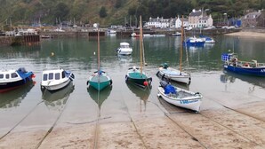 A harbor with several small boats docked at the pier.