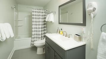 Douche, séchoir à cheveux, serviettes fournies, savon