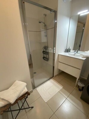 Shower, hair dryer, towels