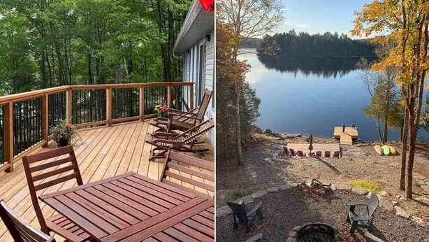 A wooden deck with a table and chairs, surrounded by a wooden railing. - Lakeview Retreat - Three Bedroom Cottage, Sleeps 6 (Kinmount)