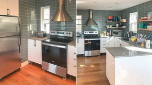 A modern kitchen with stainless steel appliances, grey tiled backsplash, and wooden flooring. - Lakeview Retreat - Three Bedroom Cottage, Sleeps 6 (Kinmount)