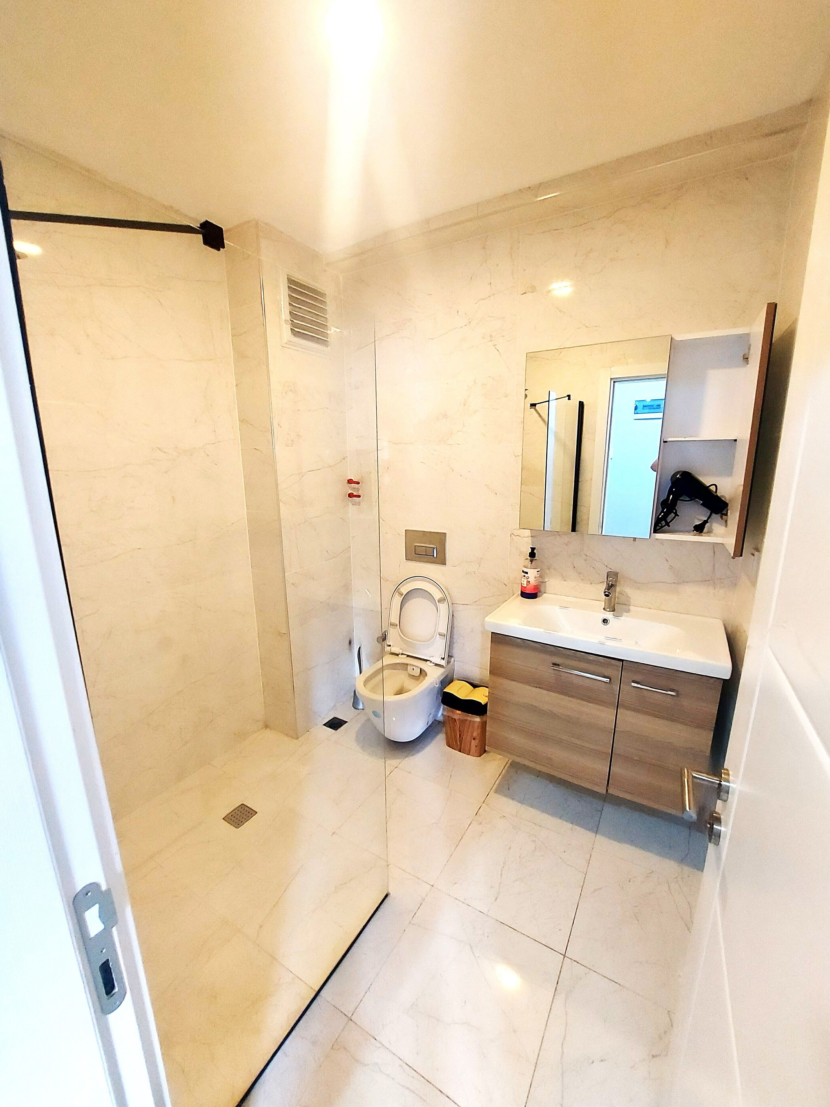 A modern bathroom with a shower, toilet, and vanity.