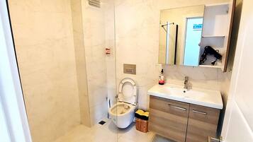 A modern bathroom with a shower, toilet, and vanity.