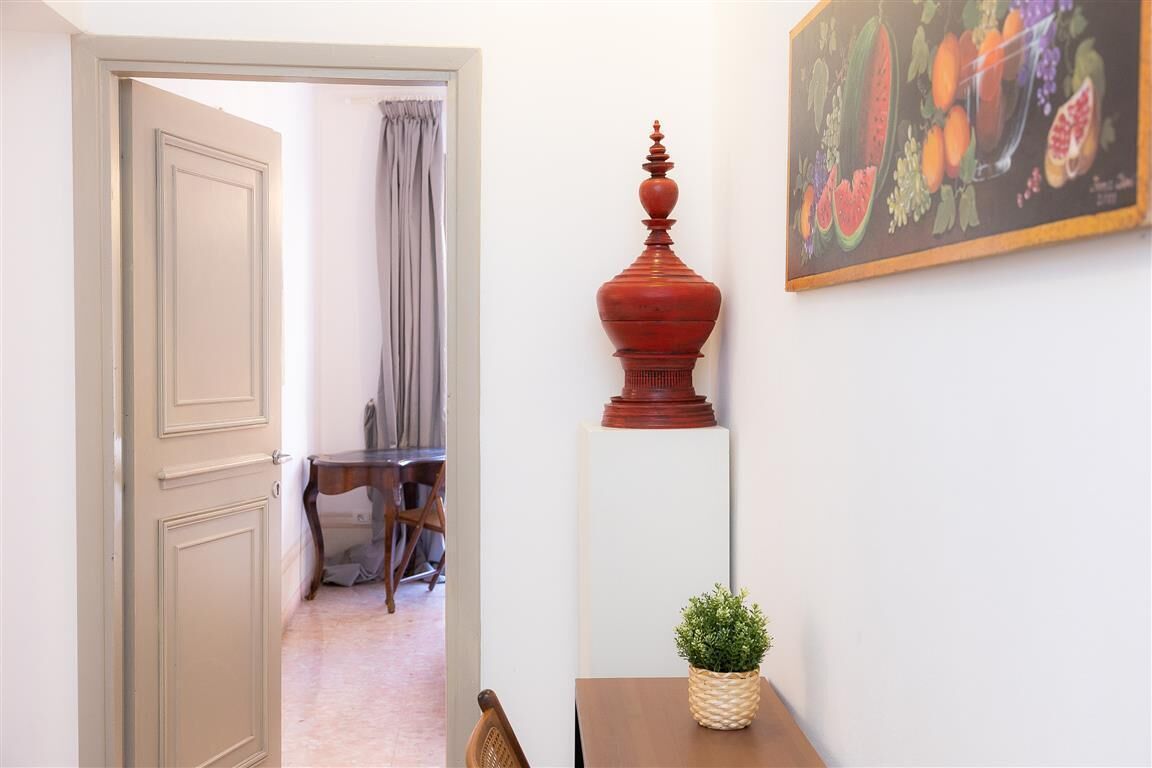A hallway with a closed door, a dining table with chairs, a potted plant, and a wall-mounted decorative item.