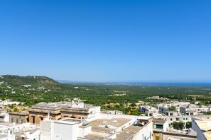 A coastal cityscape with buildings and greenery.