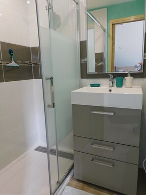 Dusche, Haartrockner, Seife, Toilettenpapier
