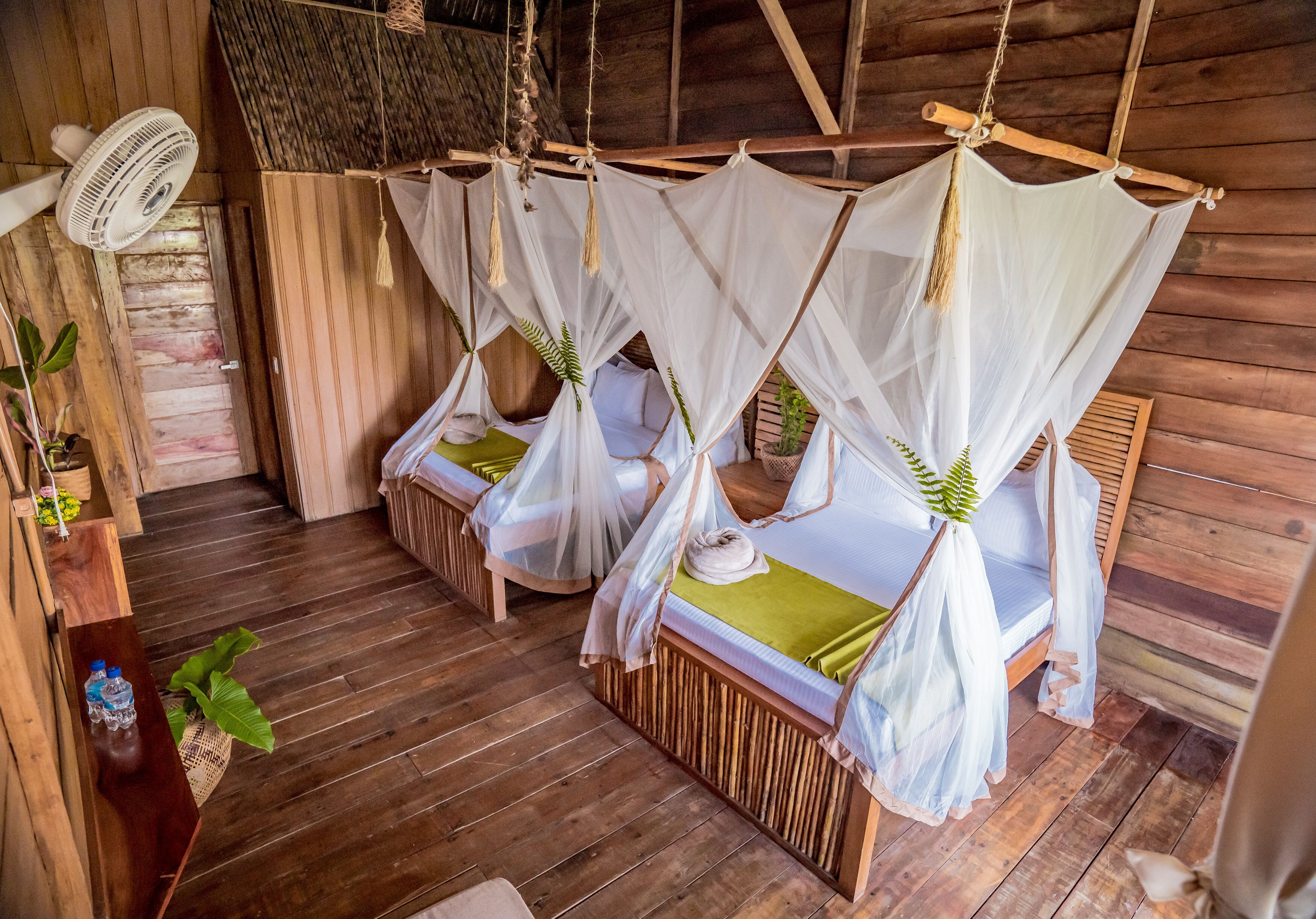 A room with two wooden beds with white canopies, a wooden floor, and a fan on the left.