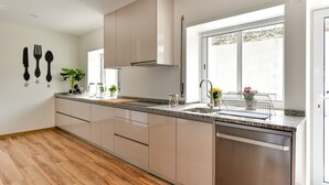 Una cocina moderna con encimera de granito, electrodomésticos de acero inoxidable y ventana que proporciona luz natural.