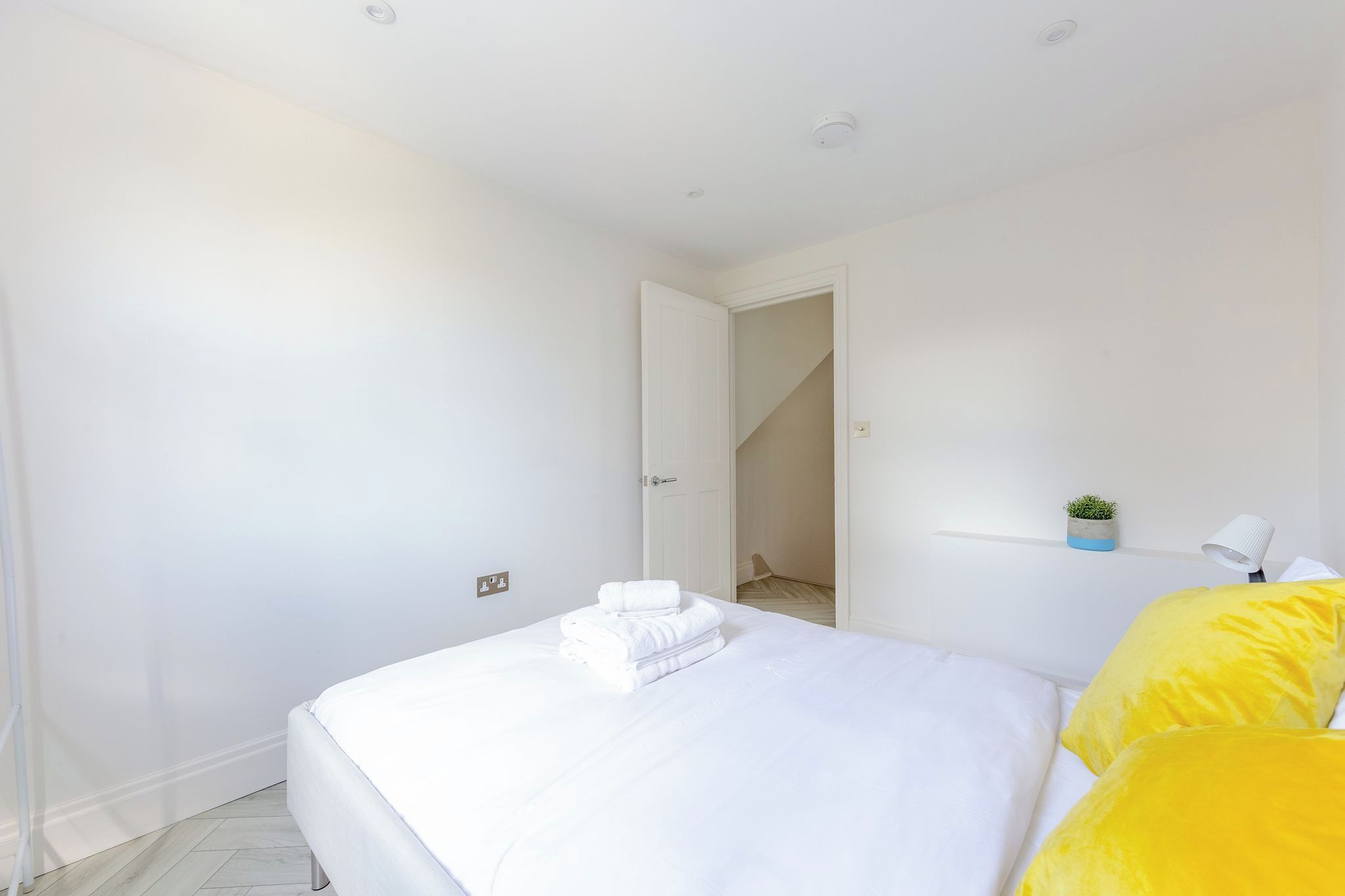 A hotel room with a bed, a door leading to a staircase, and a small plant on a shelf.