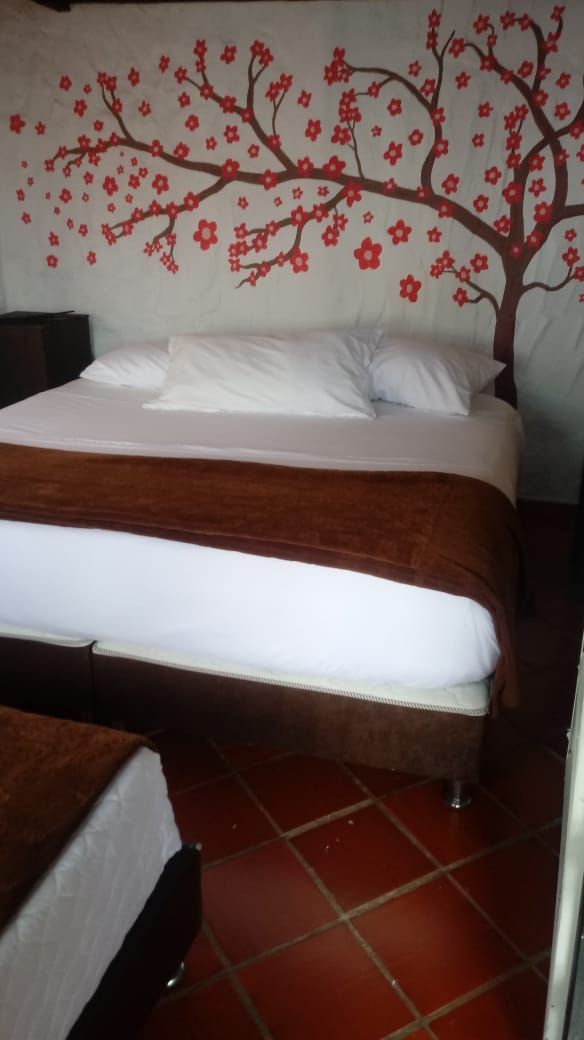 A bed with white bedding and a brown headboard, set against a wall with a red floral pattern.
