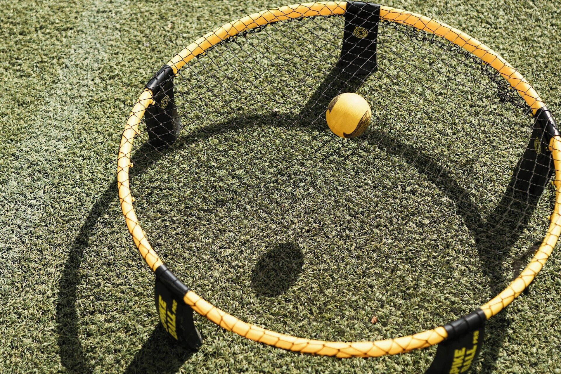 Un ballon de sport dans un filet circulaire posé sur de l’herbe artificielle.