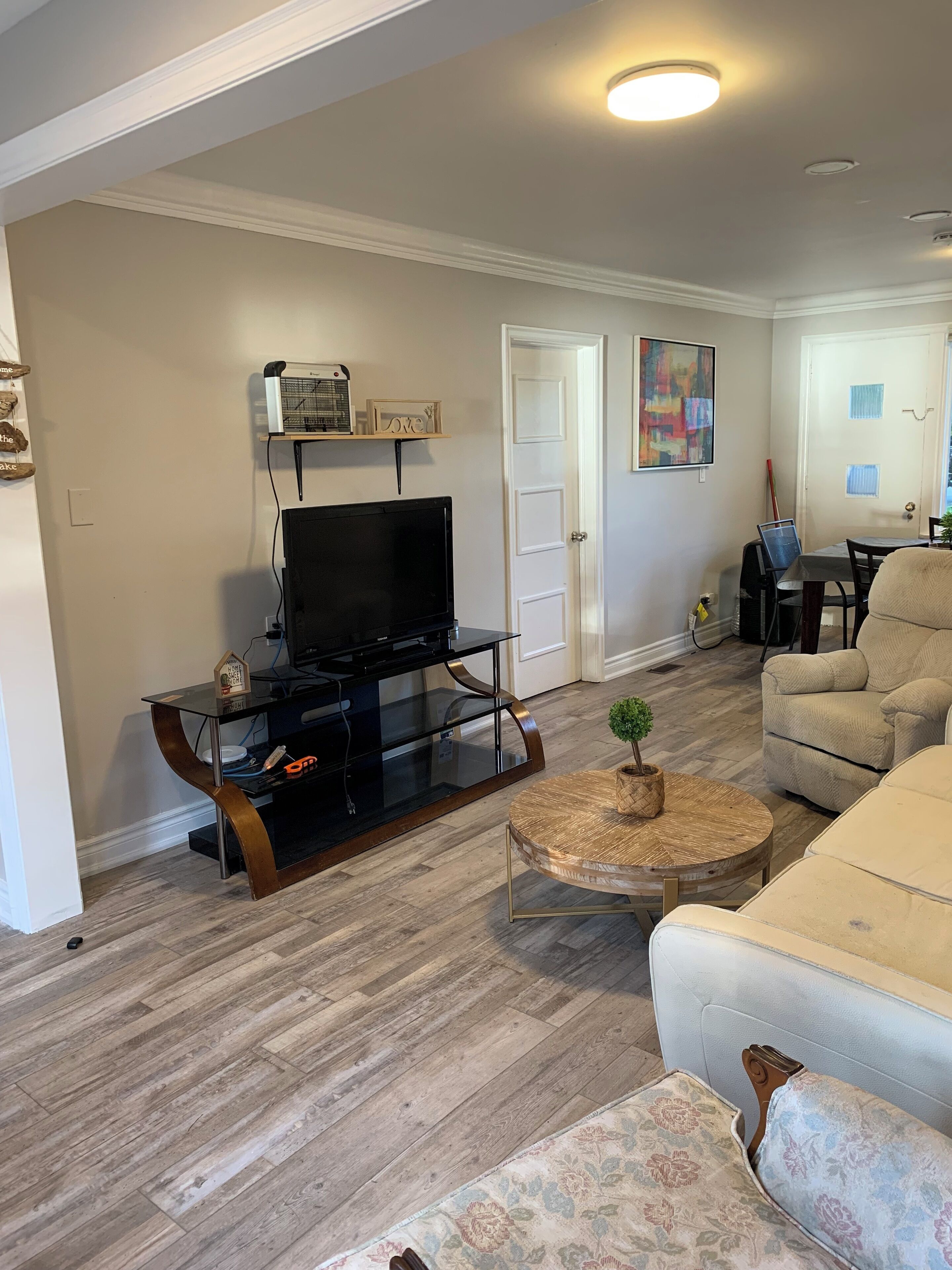 A living room with a flat-screen TV, a coffee table with a plant, a beige sofa, and a dining area with a table and chairs.