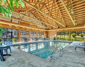 Indoor pool, seasonal outdoor pool, pool umbrellas, pool loungers