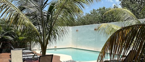 Outdoor pool, open 8:00 AM to 8:00 PM, pool loungers