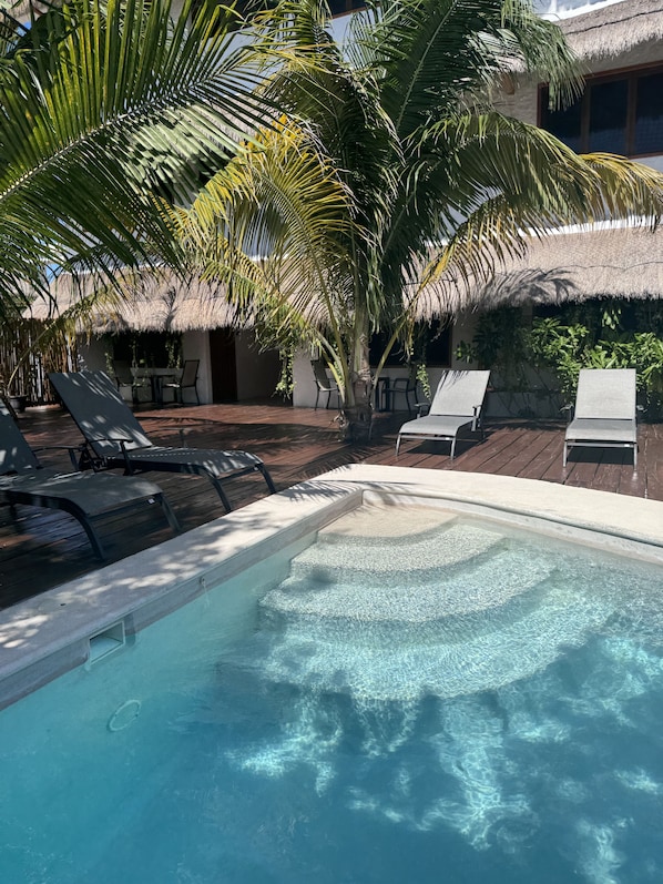 Outdoor pool, open 8:00 AM to 8:00 PM, pool loungers