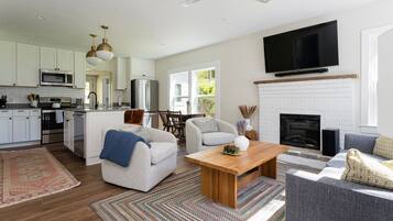 Smart TV, fireplace, books