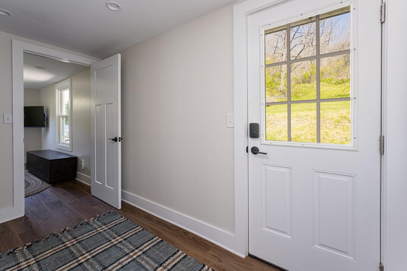 A hallway with a white door, a window with a view of a grassy field, and a dark storage unit.