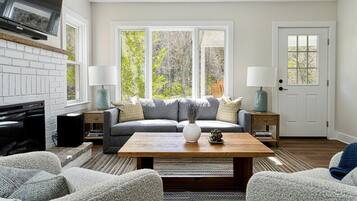 Smart TV, fireplace, books