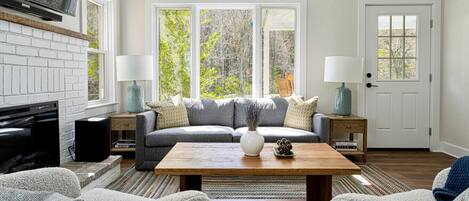 Smart TV, fireplace, books