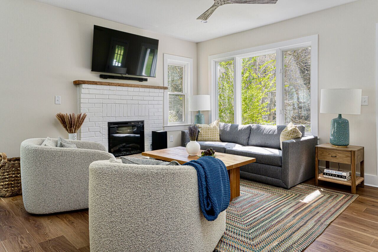 Smart TV, fireplace, books