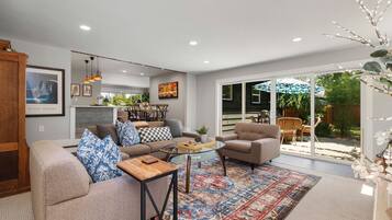 Smart TV, fireplace, books