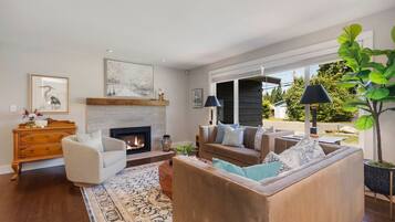 Smart TV, fireplace, books