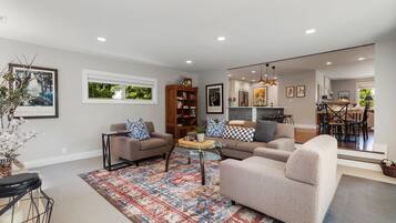 Smart TV, fireplace, books