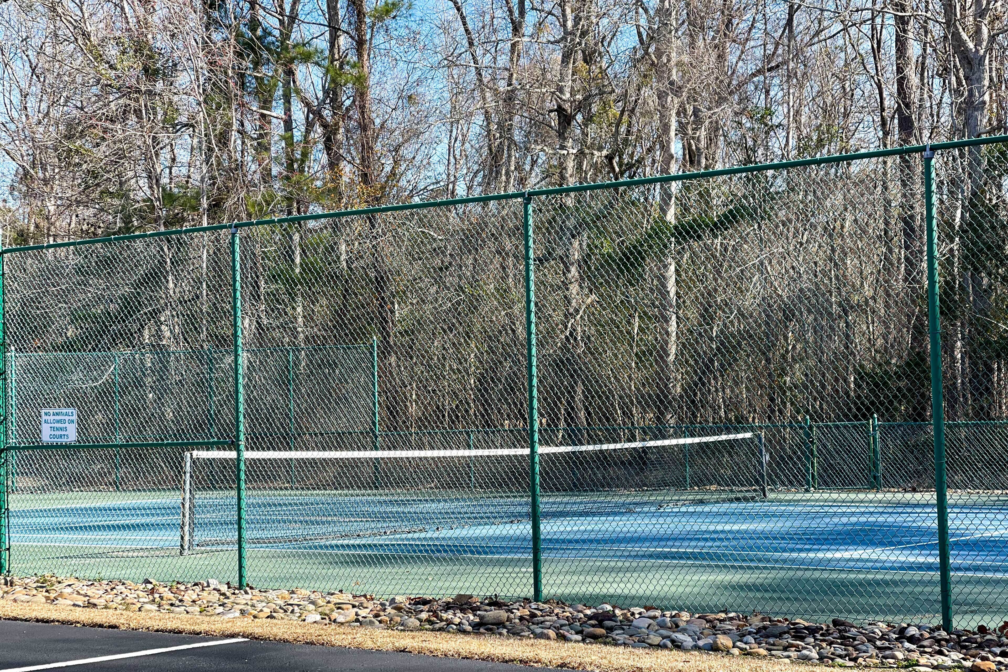 Una cancha de tenis rodeada por una valla de malla verde con un cartel que prohíbe la entrada de animales.