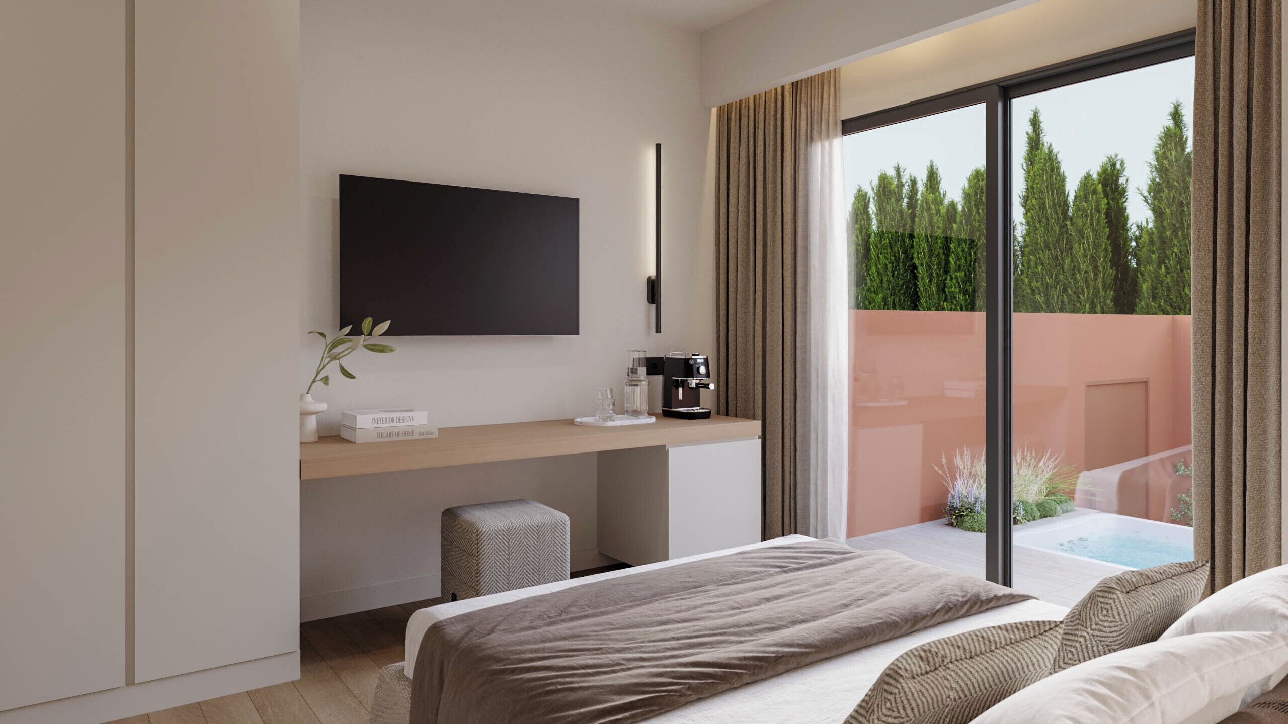 A modern hotel room with a large bed, a desk with a coffee maker, a flat-screen TV, and a view of a pool and trees.