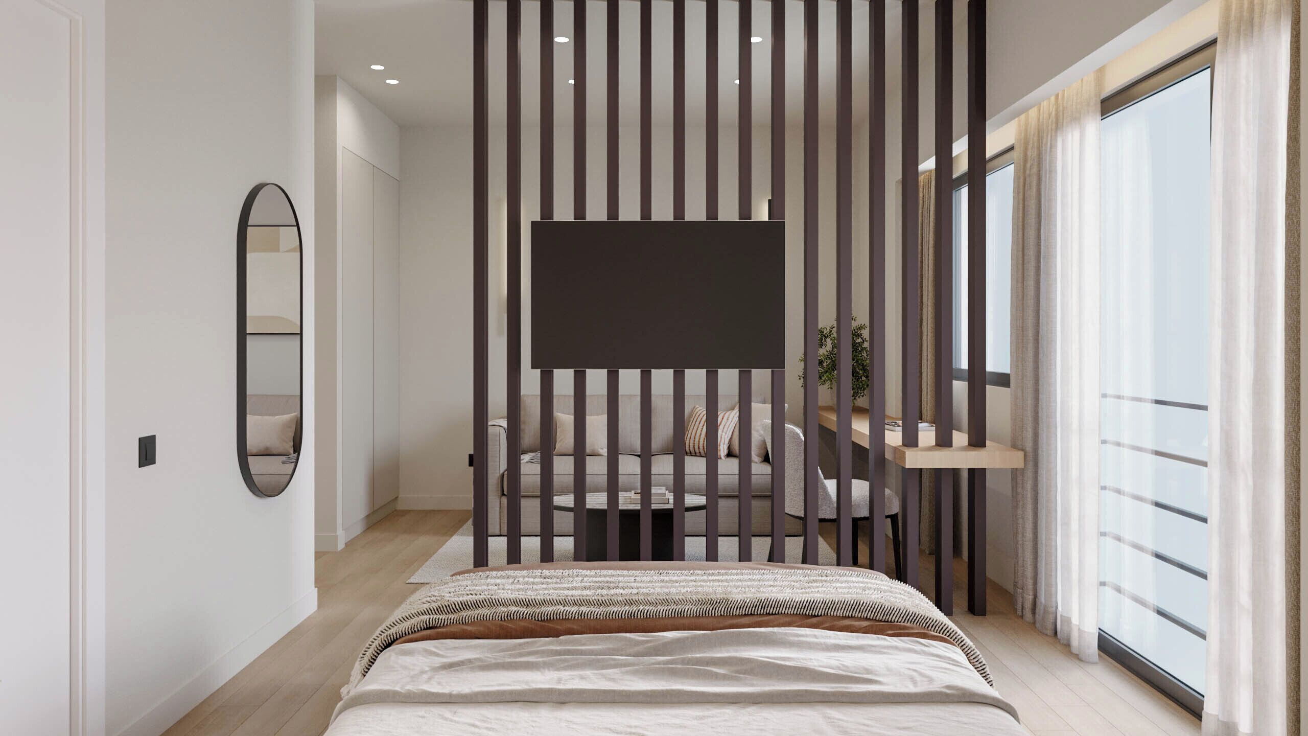 Una camera da letto moderna con un letto, una scrivania, un divano e un'ampia finestra.