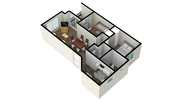 A 3D floor plan of a modern apartment with a living room, dining area, kitchen, two bedrooms, and a bathroom. - Habitamar Maitencillo (Puchuncavi)