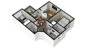 A 3D floor plan of a modern apartment with a living room, kitchen, dining area, two bedrooms, and a bathroom. - Habitamar Maitencillo (Puchuncavi)