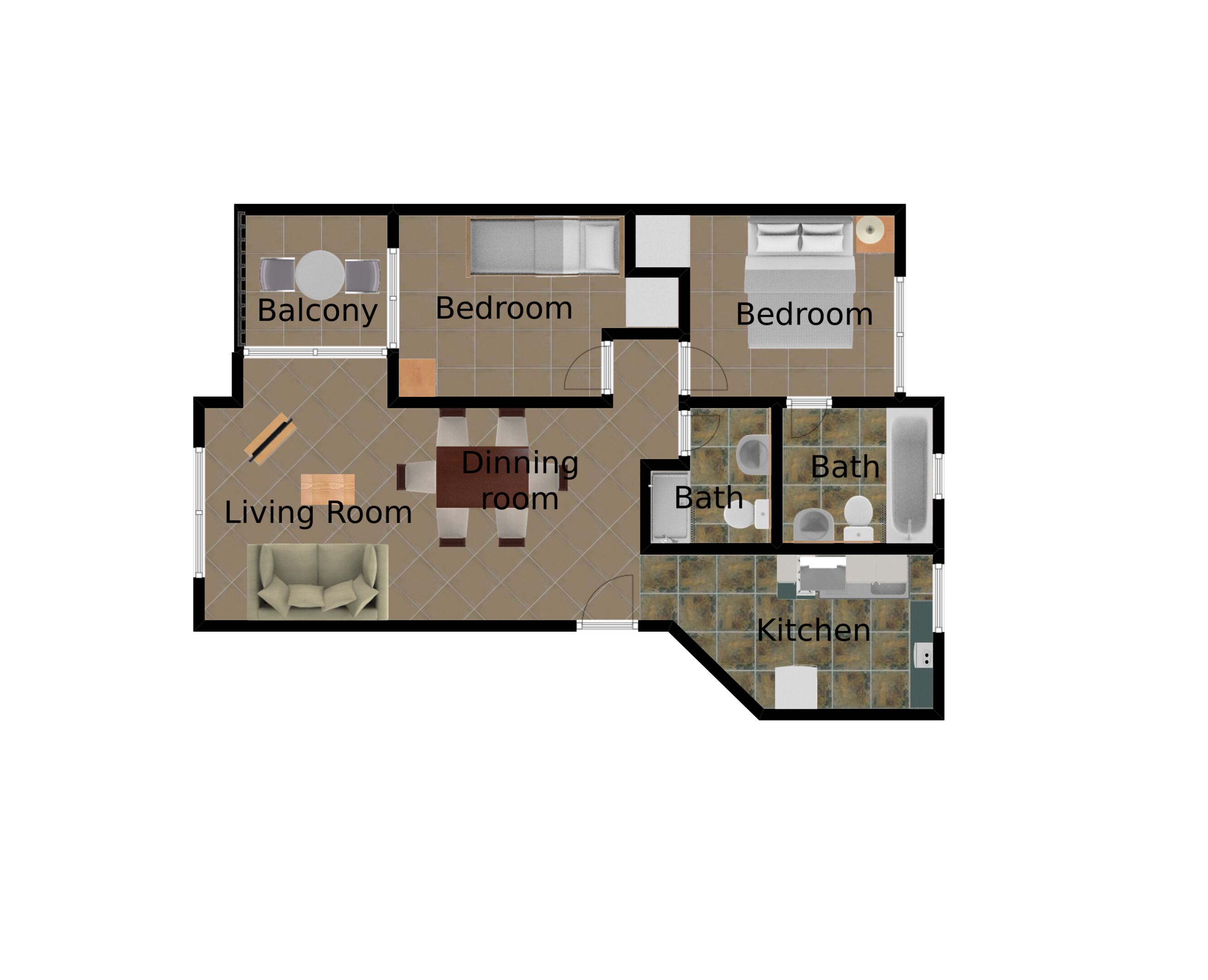 En planritning över ett hus med vardagsrum, två sovrum, en balkong, ett matrum, ett kök och två badrum.