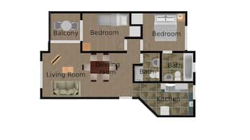 En planritning över ett hus med vardagsrum, två sovrum, en balkong, ett matrum, ett kök och två badrum.