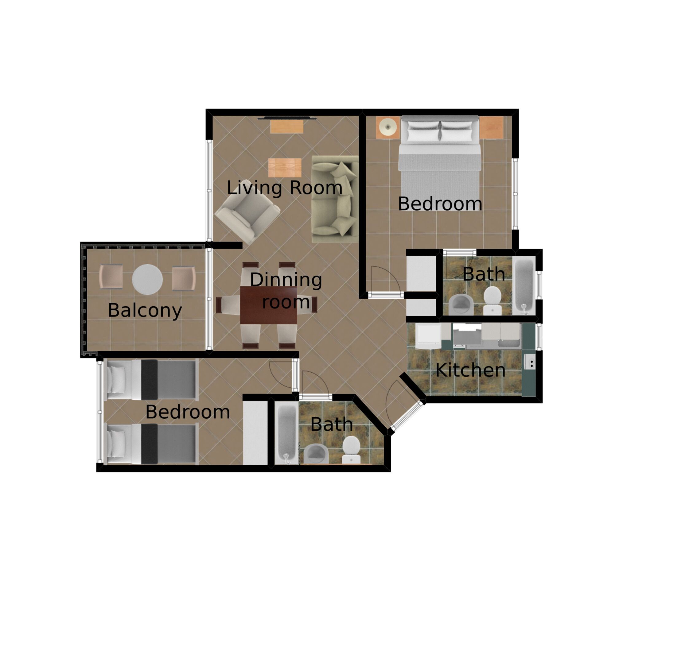 Plano de planta de una casa que incluye sala de estar, dos dormitorios, comedor, cocina y un baño, además de un balcón.