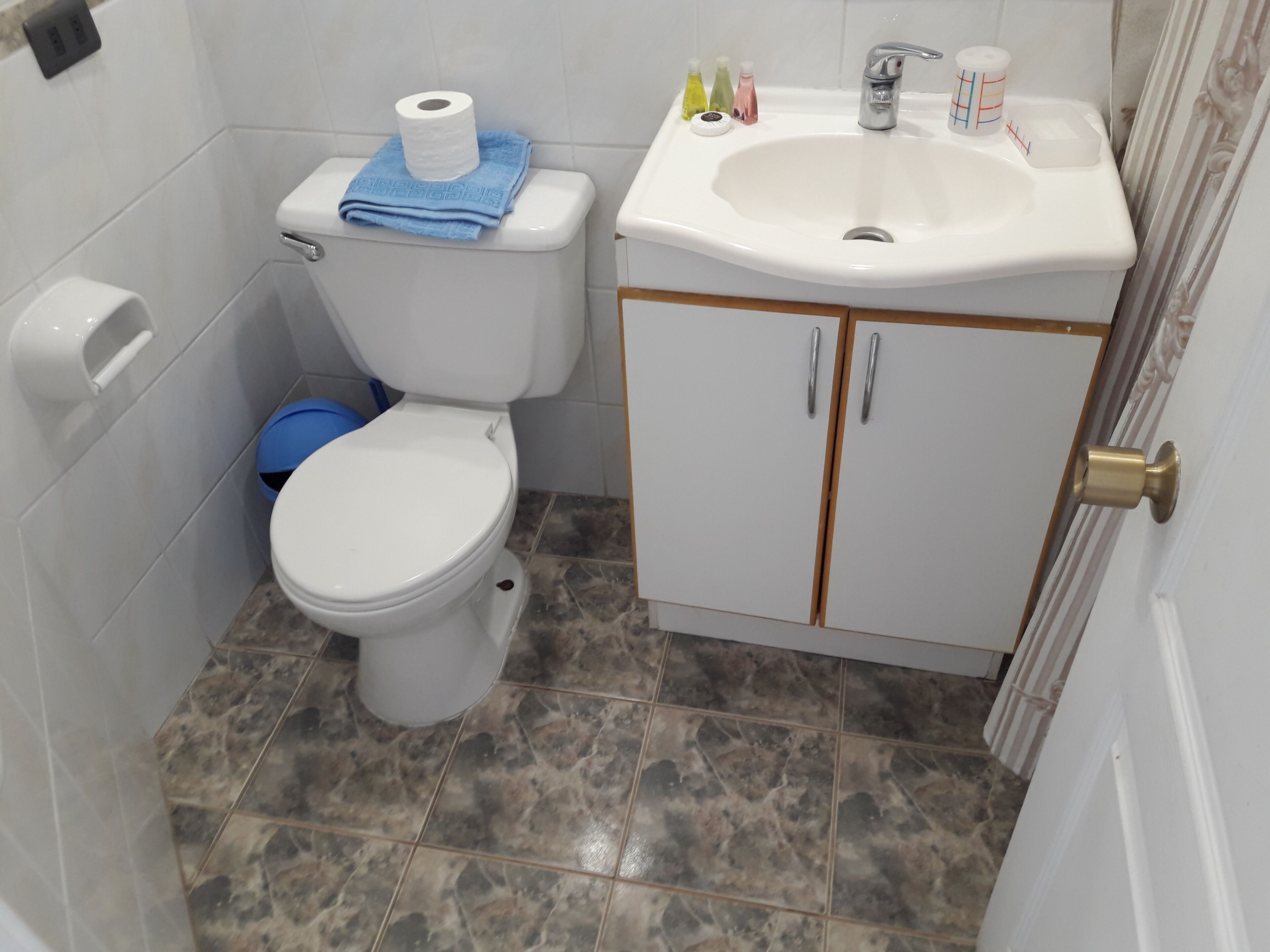 A bathroom with a toilet, sink, and cabinet.