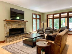 Télévision, cheminée, lecteur de DVD, chaîne hi-fi