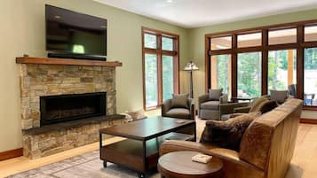 Télévision, cheminée, lecteur de DVD, espaces bureaux