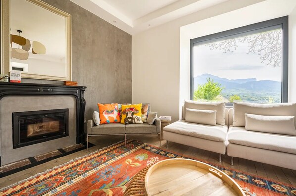 Smart TV, fireplace, books