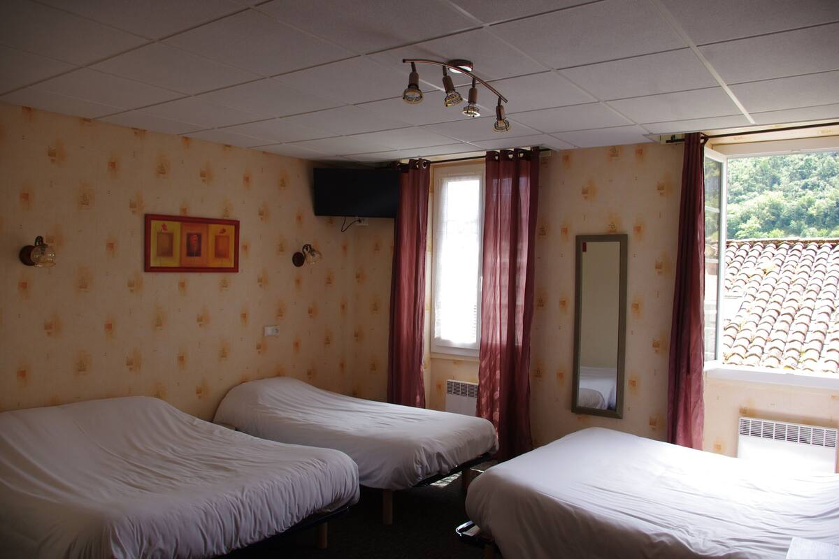 Una habitación con dos camas individuales, una lámpara en el techo, un televisor montado en la pared y una ventana con cortinas.