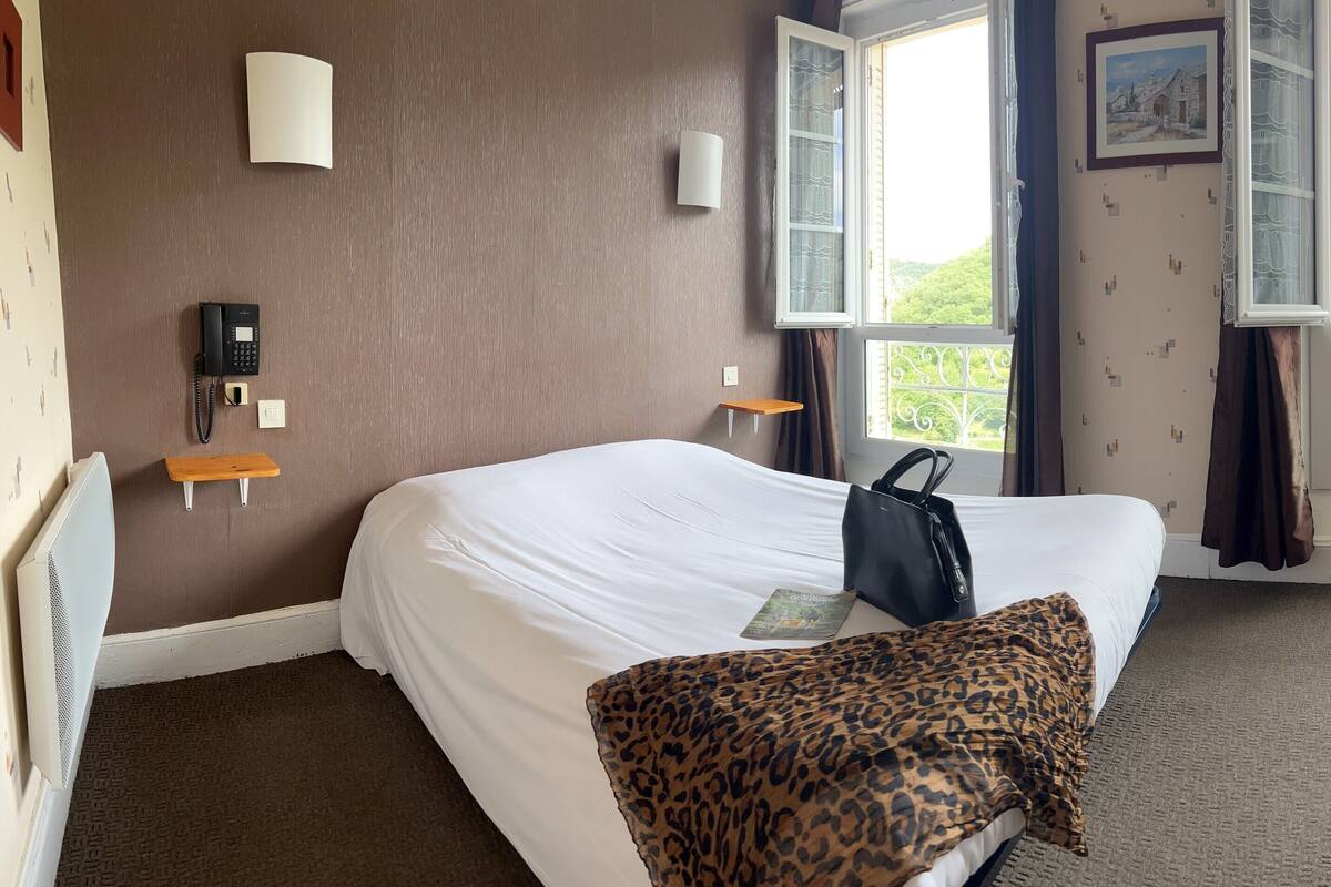 Habitación de hotel con cama, escritorio, silla, teléfono, ventana con vista a follaje y una lámpara fijada a la pared.