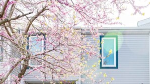 Una casa a due piani con un portico, una cassetta delle lettere e un piccolo giardino con piante in vaso.
