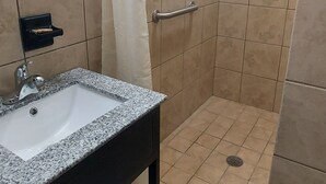 A bathroom with a shower, a sink, and a mirror. - HOTEL BLUE (DeLand)