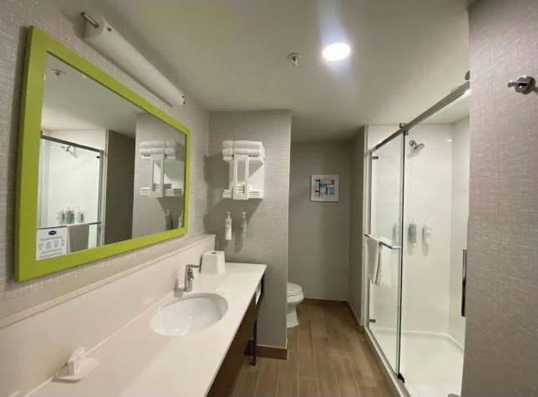A modern bathroom with a large mirror, two sinks, a toilet, and a glass shower enclosure.