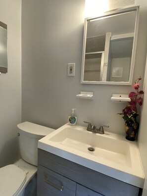 Une salle de bain équipée de toilettes, d’un lavabo, d’un miroir et d’un vase avec des fleurs.