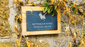 Ein Schild mit der Aufschrift 'BUTTERCUP DOWN HADDON GROVE' an einer Steinmauer befestigt.