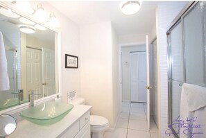 Hair dryer, towels, soap, shampoo