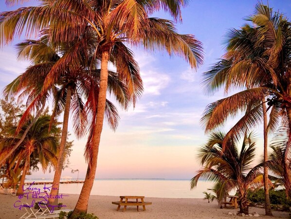 On the beach, sun-loungers, beach towels