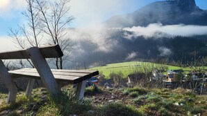 Un banco con vistas a un valle verde y una montaña al fondo.